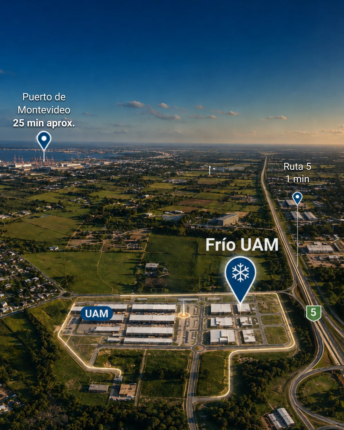 Mapa de ubicación de Frío UAM dentro del UAM, con distancias a Ruta 5 y al Puerto de Montevideo
